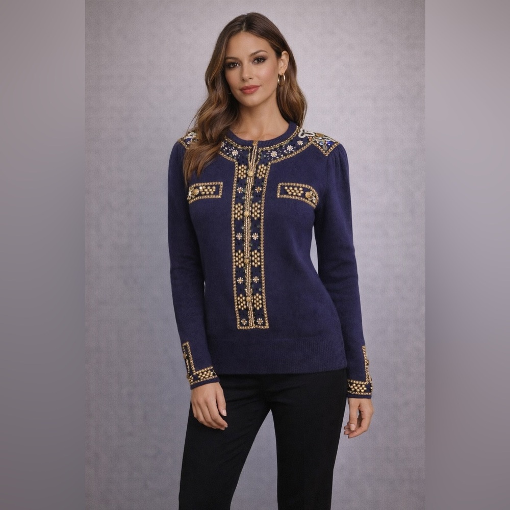 Cervelle Vintage Embellished Royal Blue Women's Blouse